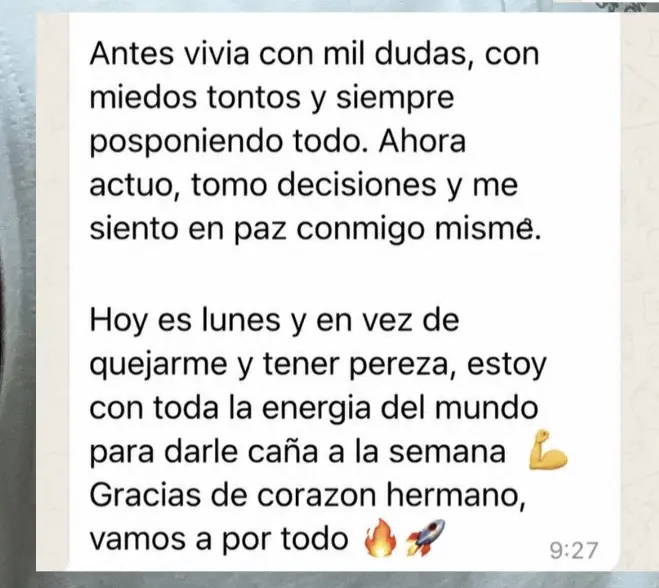 Mensaje de WhatsApp de un cliente del método Rompe tu Bloqueo